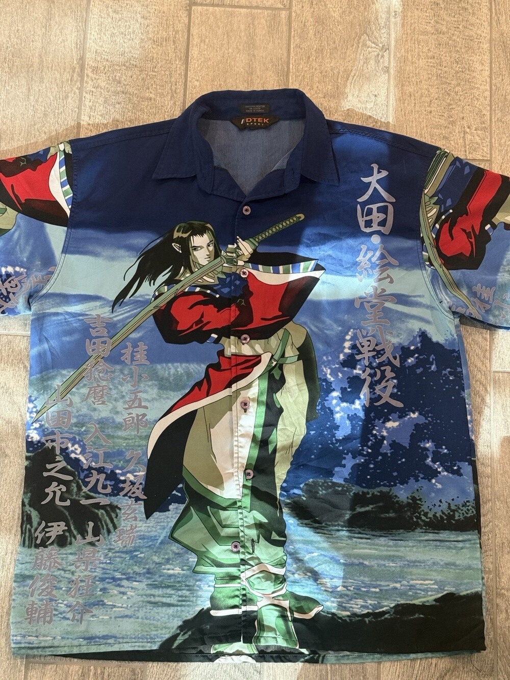 DTEK Sport Shirt Mens Large Anime Samurai Graphic Blue Button Front Made Korea
